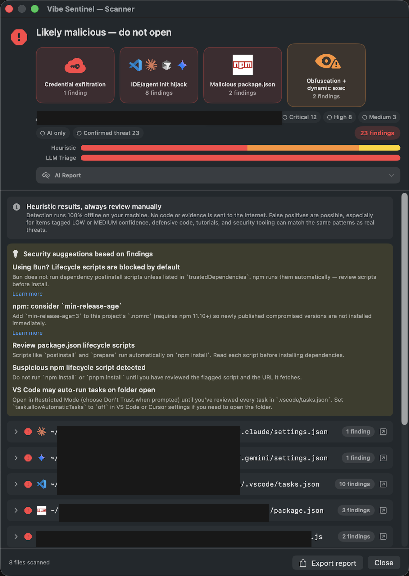 Vibe Sentinel scanner window showing a "Likely malicious" verdict with grouped findings, severity badges, and a list of suspicious files