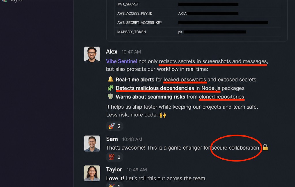 Slack thread describing Vibe Sentinel real-time alerts, dependency checks, and repository protection
