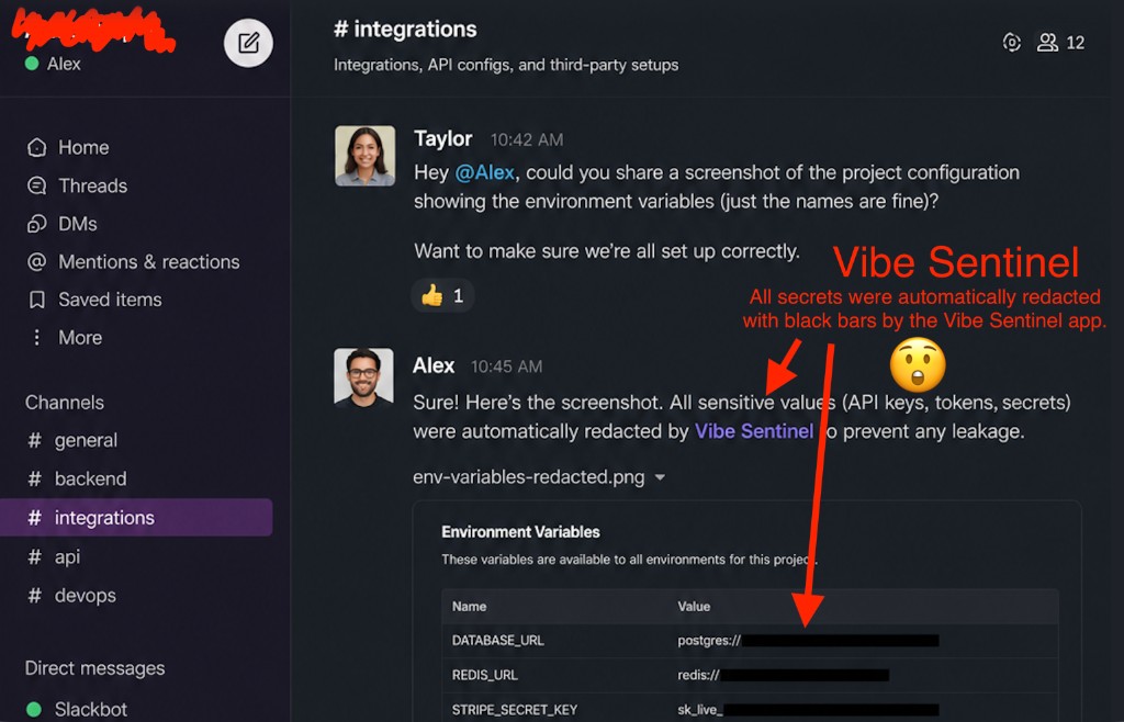 Slack conversation showing environment variables with sensitive values automatically redacted by Vibe Sentinel
