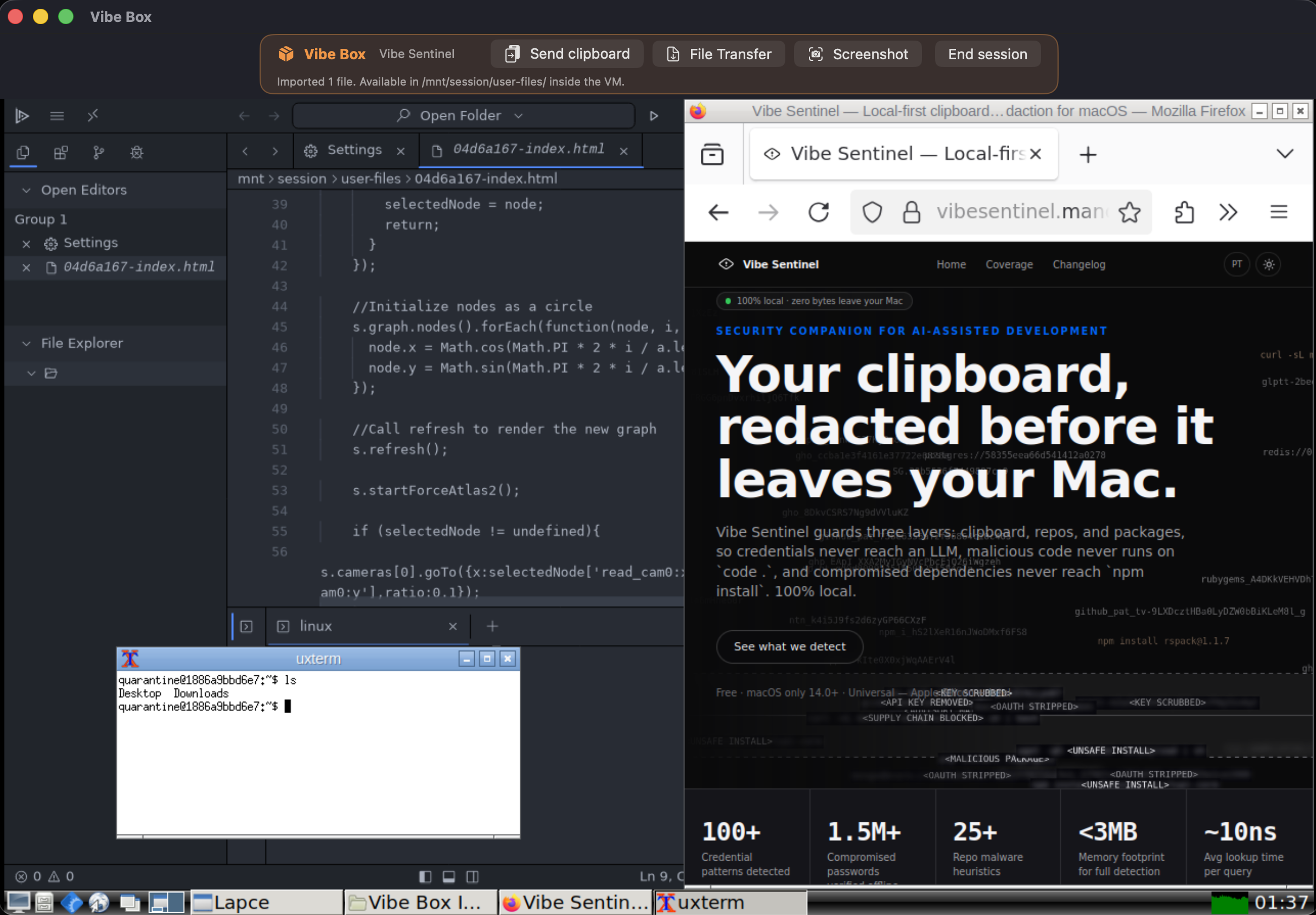 Vibe Box window showing an isolated Linux VM with a code editor, browser, and terminal running side by side